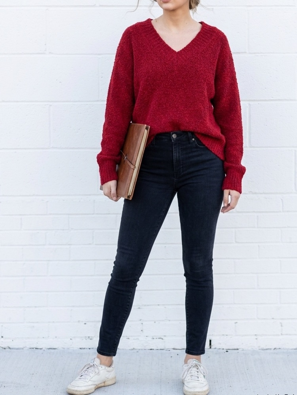 Aerie Oversized Bouclé V Neck Sweater Small Red Maroon Cozy Soft Slouchy
